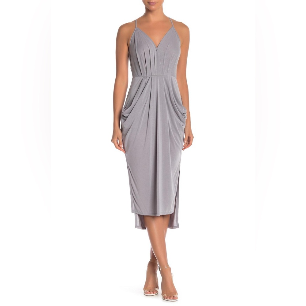 BCBGeneration Della Silver Grey Drapey Midi Dress